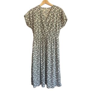 Uniqlo Green White Floral Midi Dress Pockets Cottagecore Feminine Size Medium